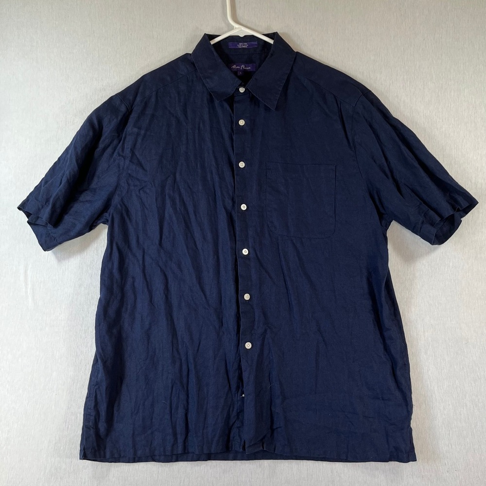 Alan Flusser Shirt Mens Large 100% Linen Navy Blue Short Sleeve Button Down